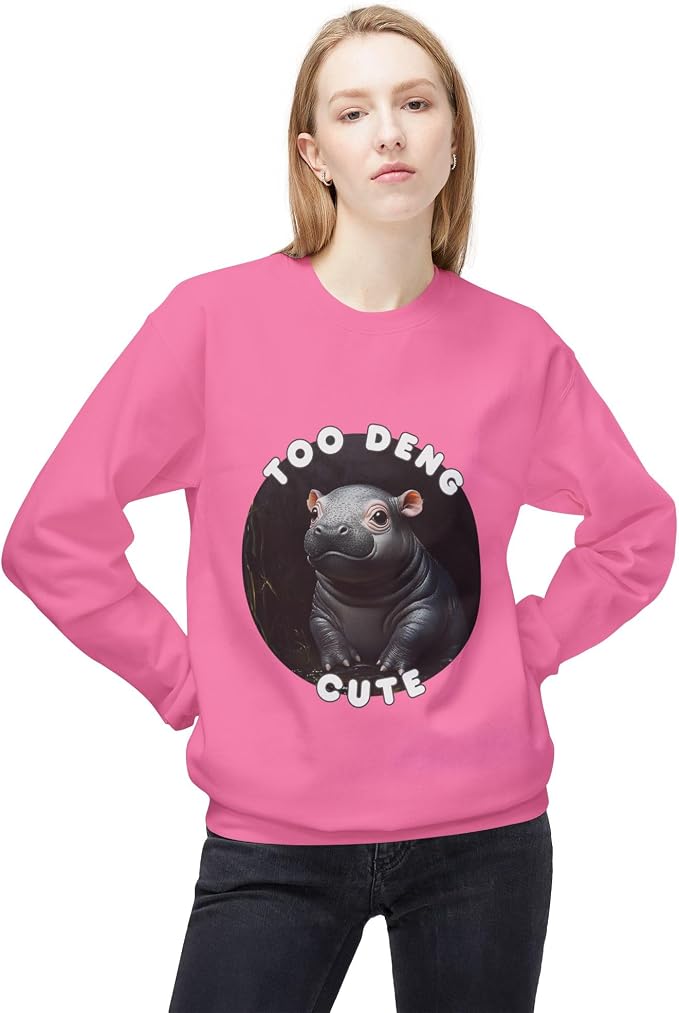 Unisex Fleece Crewneck Sweatshirt - Too Deng Cute Moo Deng Hippo, Cozy Cotton Blend, Classic Relaxed Fit
