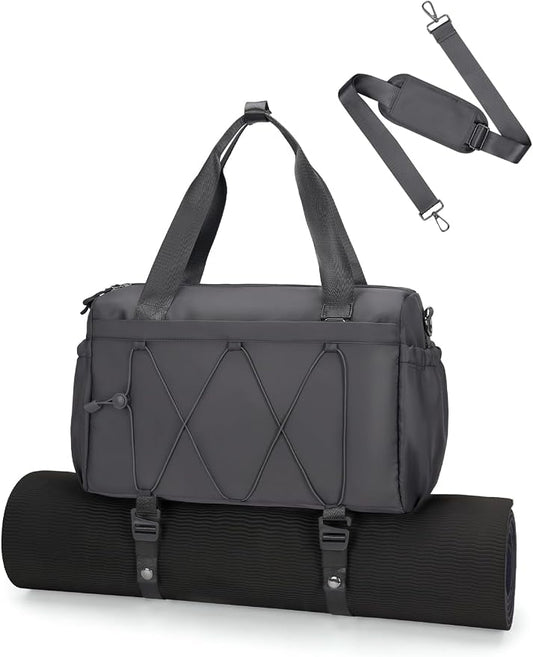 Small Gym Bag for Women with Yoga Mat Holder and Wet Compartment, Mini Gym Duffle Bag Yoga Bag with Water Bottle Pocket for Workout Travel, Dark Gray