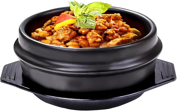 Korean Stone Bowl with Tray, Premium Ceramic Hot Pot for Bibimbap Soup, 27oz Small