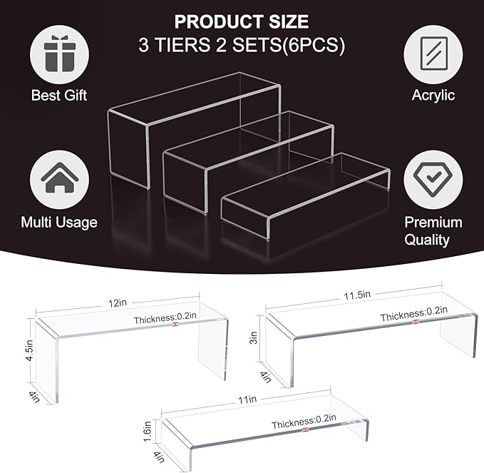 Acrylic Display Risers,12'' Large Display Stands, Thickened to 0.2''(5mm) Stackable Acrylic Shelf for Perfume Display, Clear Risers for Cupcake Stand,Pop Figurines,Tumbler,Food (Clear, 6PCS)