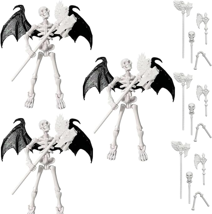 T13 Skeleton Warrior Action Figure – 5.12" Movable Articulated Human Skeleton Model with Accessory, Collectible Anime & Game Character for Display, Paintable Desktop Decor (3pcs)