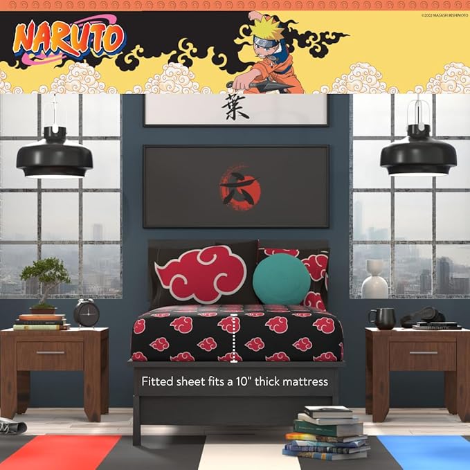 Collectibles Naruto Anime Akatsuki Bedding 5 Piece Super Soft Reversible Comforter and Sheet Set with Sham, Twin, (Officially Licensed Product) By Franco