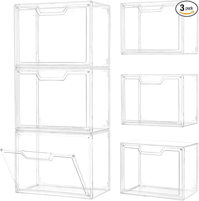 3 Pack Clear Storage Organizers with Lids, Storage Containers with Magnetic Door, Stackable Acrylic Display Case for Cosmetic, Multifunctional Storage Boxes for Dorm, Living Room, Bedroom Storage