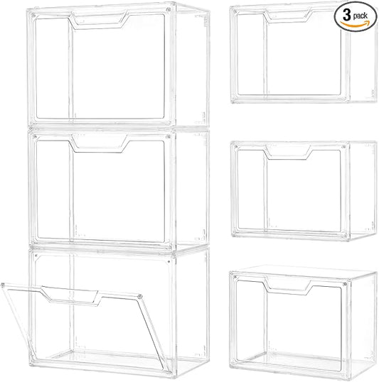 3 Pack Clear Storage Organizers with Lids, Storage Containers with Magnetic Door, Stackable Acrylic Display Case for Cosmetic, Multifunctional Storage Boxes for Dorm, Living Room, Bedroom Storage