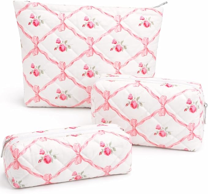 3 Pcs Makeup Bag Cosmetic Bag Set for Girls Women Travel Organizer Bathroom Toiletry Pouch Large Capacity Storage Bag（Pink Ribbon）