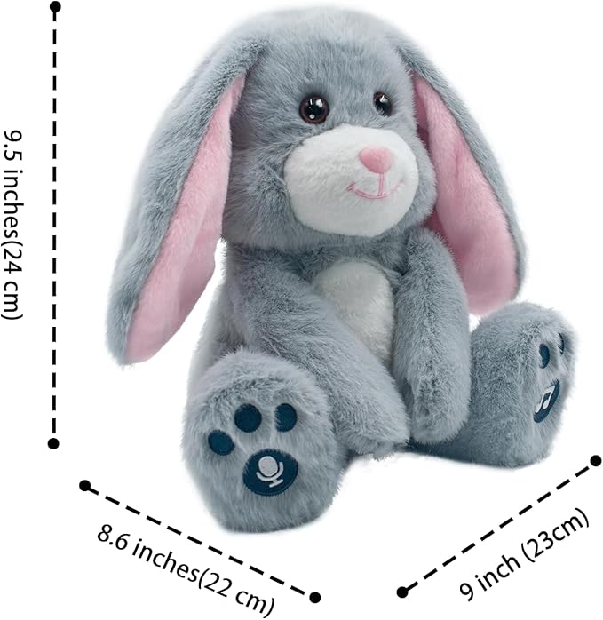 YH YUHUNG Interactive Talking Bunny Plush – Two Modes: Record (10s) & Repeat Talk-Back, 10 Songs, Flapping Ears, Volume Up/Down, Soft Gray-Pink, 3×AA Required, Ages 3+