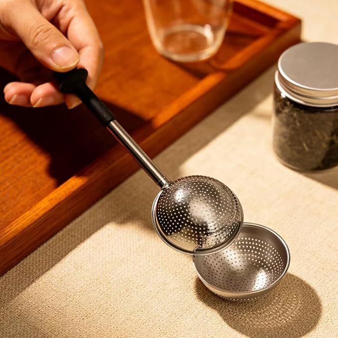 Stainless Steel Tea Strainer for Loose Tea with Silicone Good Grip Long Handle, Fine Mesh Tea Infuser Ball Dusting Wand for Flour n Sugar