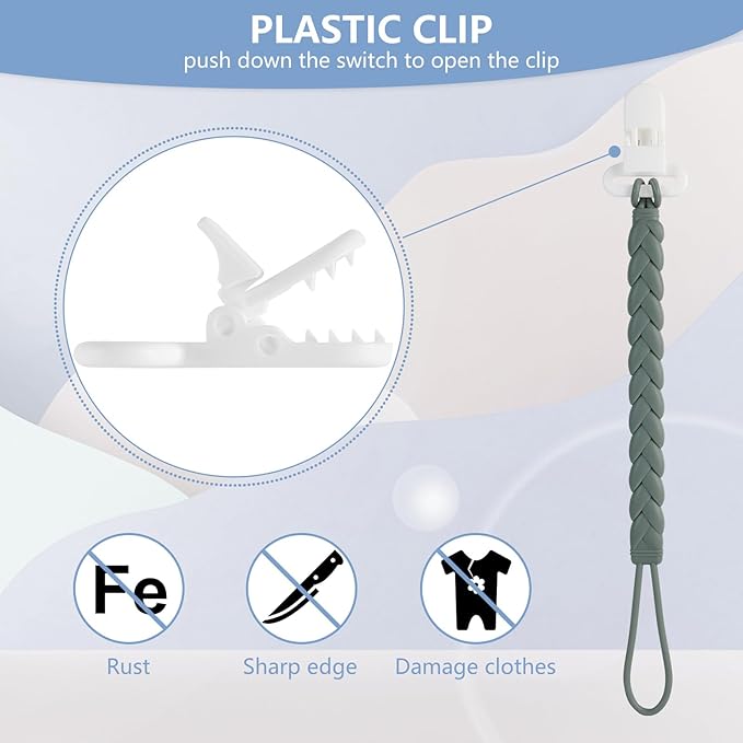 6-Pack Silicone Pacifier Clips with a Woven Rope Shape for Baby Boys and Girls - Flexible and Rust-Free Holders for Teething Relief and Baby Essentials, Safe for Newborns (Grey)