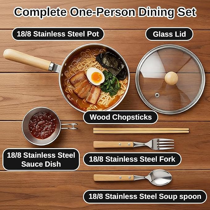 50oz Korean Ramen Pot Set, 18/8 Stainless Steel 7.5in Ramen Cooking Pot, Coating-Free One-Person Dining Set, Wooden Handle Bowl, Fork Spoon Chopsticks&Sauce Dish, Safe for Gas Stove