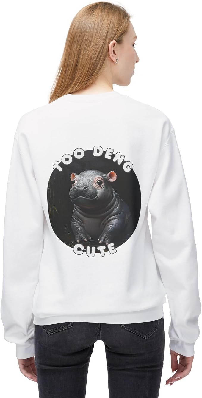 Unisex Fleece Crewneck Sweatshirt - Too Deng Cute Moo Deng Hippo, Cozy Cotton Blend, Classic Relaxed Fit