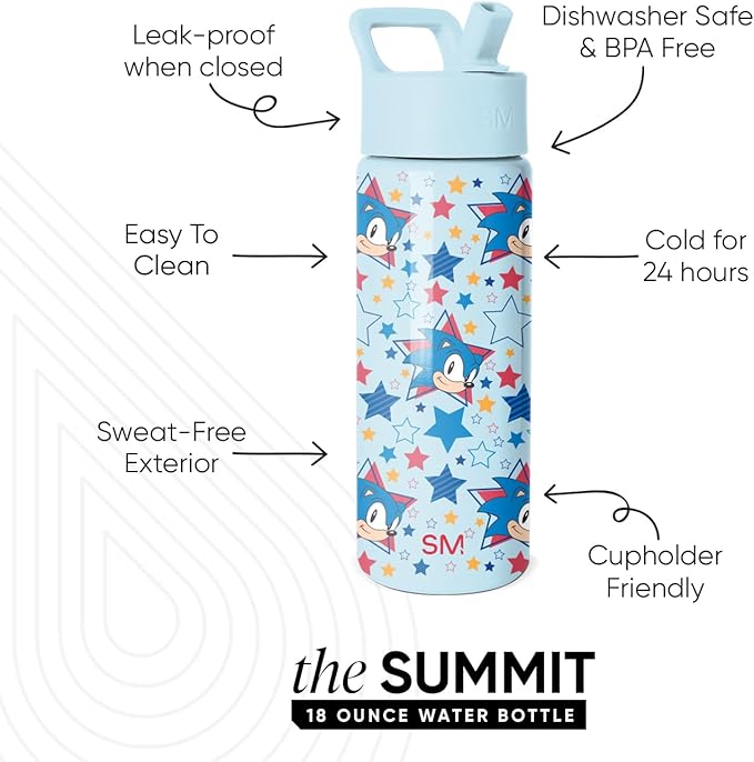 Simple Modern Kids Summit Water Bottle with Straw Lid | SEGA Sonic the Hedgehog 18oz Stainless Steel Cup Insulated Tumbler for Toddlers, School | Sonic Stars