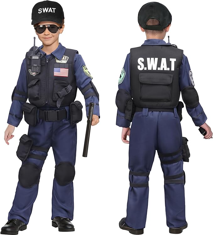 Latocos 15 PCS SWAT Police Officer Costume for Kids with Vest Accessories Cop Dress Up Role Play Set for Halloween Cosplay