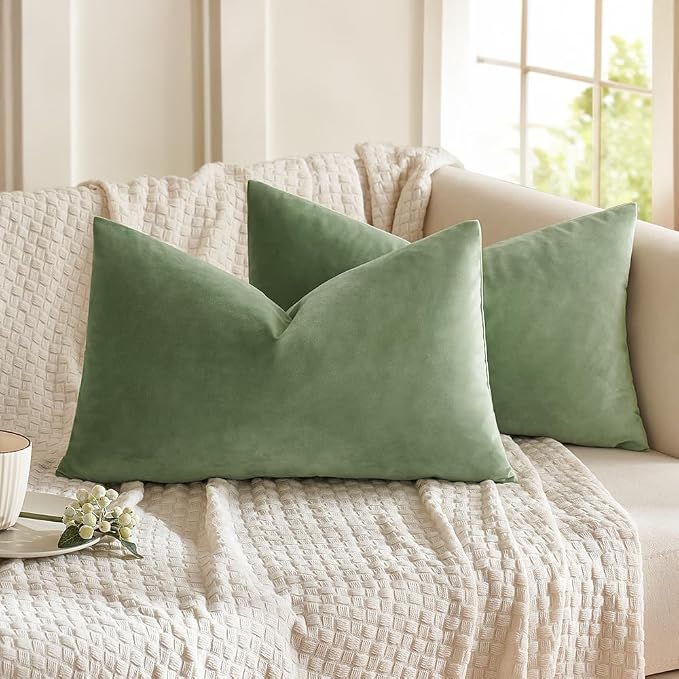 MIULEE 12x20 Inch Lumbar Velvet Throw Pillow Covers Sage Green | Pack of 2 Soft Solid Decorative Pillow Covers, Modern Luxury Home Decor, for Chair Couch Sofa Bedroom Livingroom