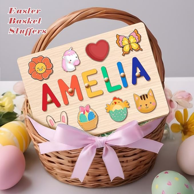 Personalized Name Puzzle for Kids, Custom Easter Basket Stuffers for Toddler Girls Boy, Early Learning Toys for Baby Boy & Girl 1 Year Old Nursery Gifts - Easter Gifts Wooden Puzzles for Toddler