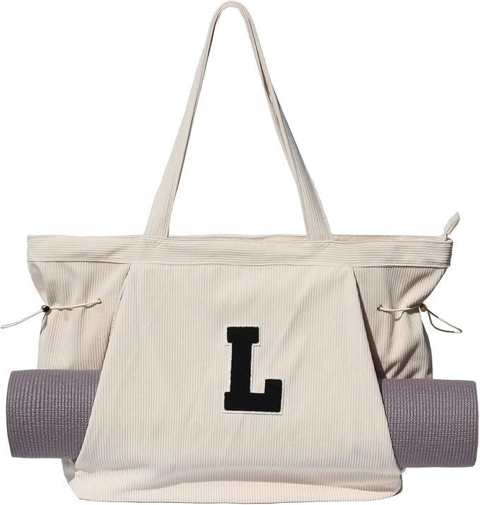 ESVAN Corduroy Yoga Tote Bag Gifts for Women Drawstring Yoga Mat Bag for Office Workout Travel Carryall Pilates Gym