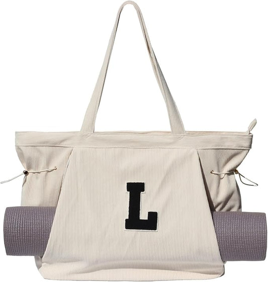 ESVAN Corduroy Yoga Tote Bag Gifts for Women Drawstring Yoga Mat Bag for Office Workout Travel Carryall Pilates Gym