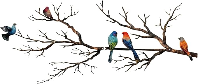 ESTART Metal Birds Wall Art, Metal Vivid Birds on Branch Silhouette Wall Decor Black Leaves with Bird Outdoor Hanging Wall Sculpture for Home Balcony Garden (Classic Color, Large)