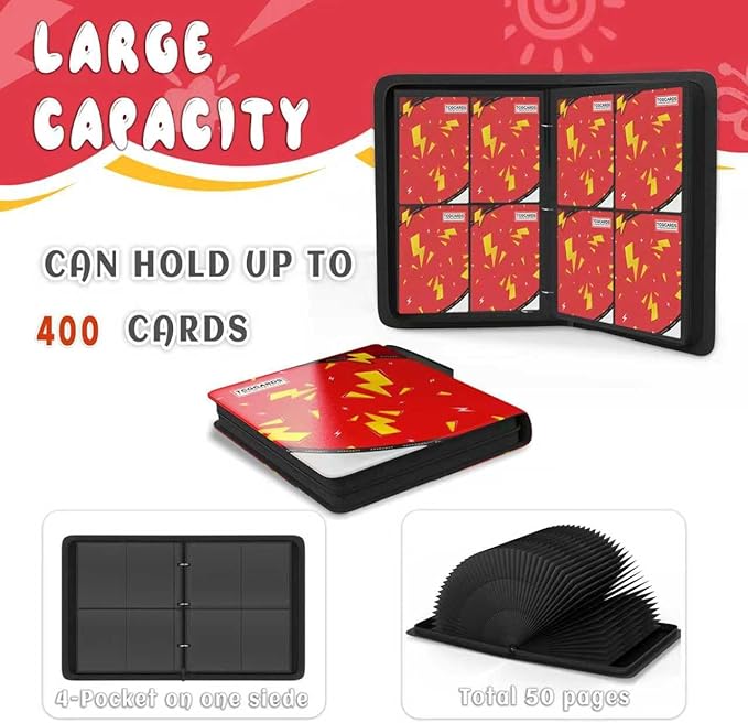 Trading Card Binder 4 Pocket,Card Binder 400 Pockets,Card Book Holder Cards with 50 Removable Sleeves,3-Ring Zip Design MTG/TCG/Sport Collectible Trading Card Albums Gifts for Boys and Girls(Red)