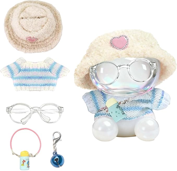 Clothes for 17cm Dolls (no Doll) - The Set Includes 5 Accessories, Including a Heart-Shaped Velvet hat, Glasses, a Handmade Sweater, a Kettle Pendant and a Bell.Suitable for a 6.7inch Doll
