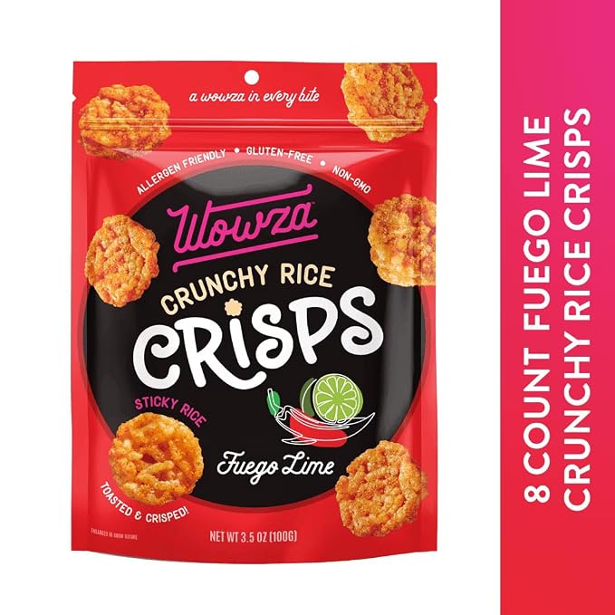 Wowza Fuego Lime Crunchy Rice Crisps | Spicy Gluten Free, Non-GMO, 8 Pack | Spicy lime flavor, Healthy chip alternative, Kid-friendly, 3.5 oz bags, No artificial flavors, Allergen-friendly, Bold heat