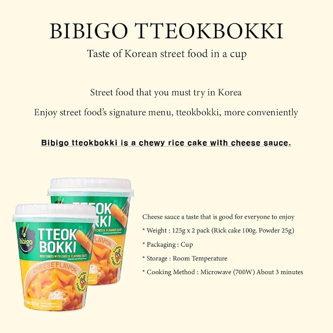 BOX OF LIFE BIBIGO Tteokbokki Cup Rice Cake with Cheese Flavored Sauce (Cheese Flavor, Pack of 2)