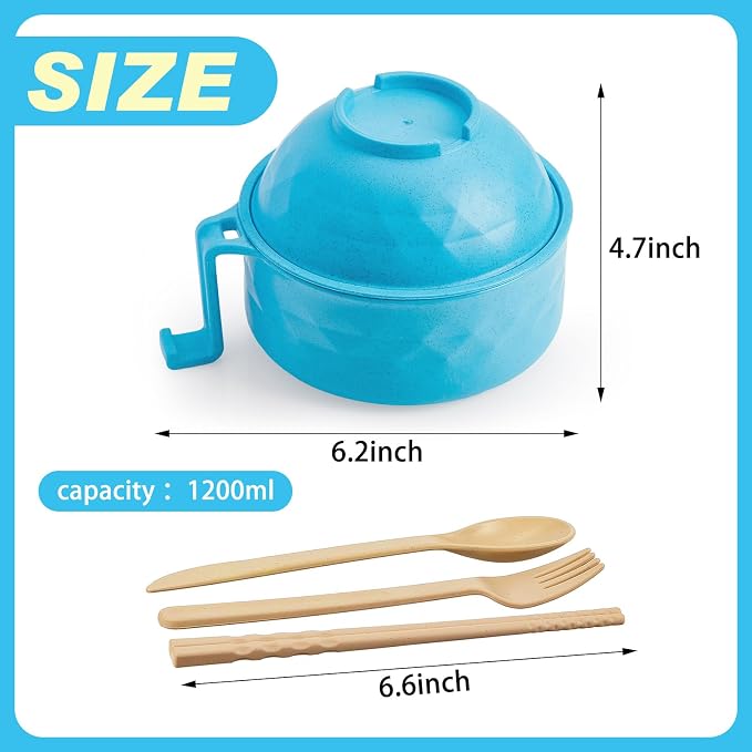 1 Set Microwave Ramen Cooker 40oz Wheat Straw Microwave Noodle Bowl Set with Chopsticks, Spoon, Fork, College Dorm Office Apartment Essentials (Sky Blue)