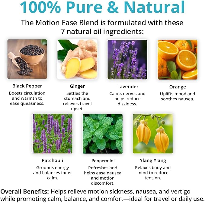 Wild Essentials Motion Ease 100% Pure Essential Oil Synergy Blend 2 Pack - 10ml, Formula for Motion Sickness, Nausea, Upset Stomach, Vertigo, Dizzy, seasick, carsick. Made and Bottled in The USA