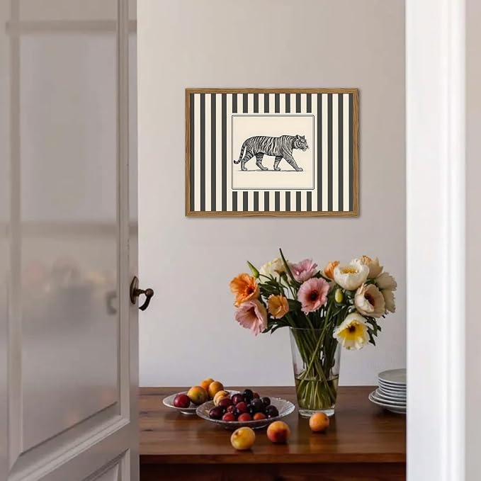 Vintage Tiger Wall Art Wildlife Wall Decor Pictures Black and White Stripe Jungle Animal Poster Canvas Painting Print for Bedroom Living Room Bathroom 16x24 inch Wood Framed