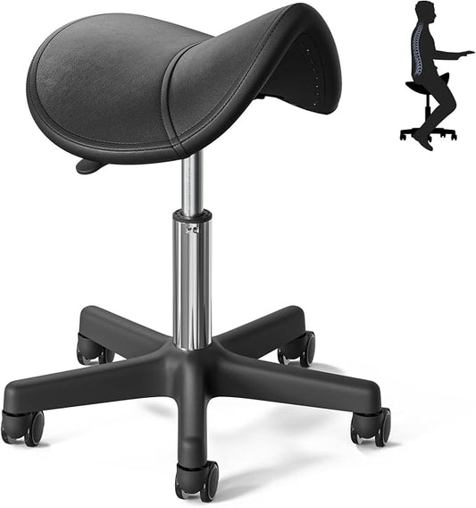 CLORIS Saddle Rolling Stool Hold up to 400 LBS Height Adjustable Swivel Chair Nylon Feet with Wheels for Spa, Massage, Salon, Home, Office, Medical, Tatoo, Bar Black