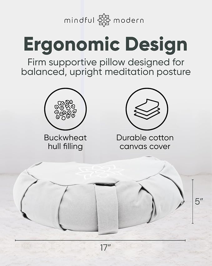 Mindful & Modern Large Meditation Cushion | Zafu Yoga Bolster Meditation Floor Pillow Seat | Buckwheat Hull Filled Crescent Shaped Cushion with Removable Washable Cover + Carry Handle | White