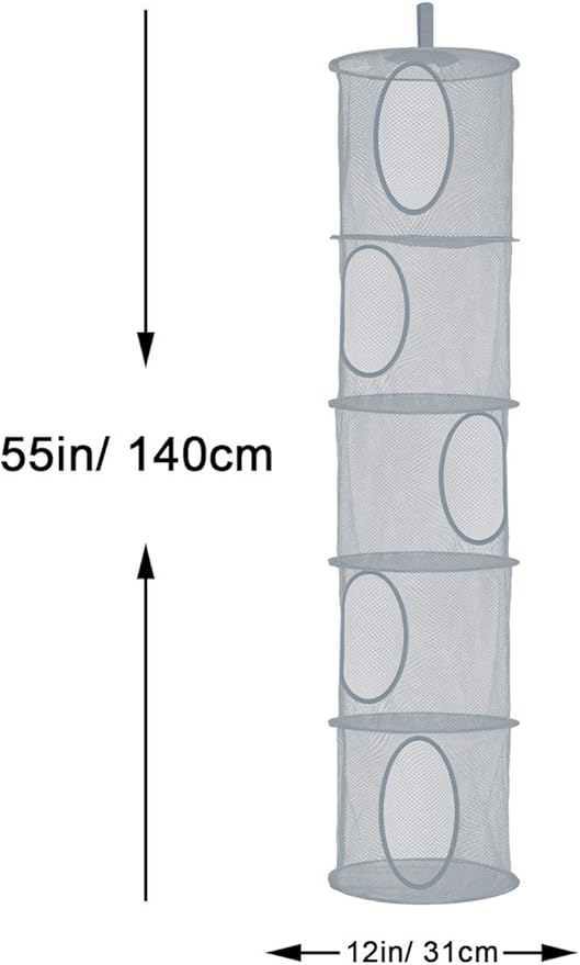 2Pcs Hanging Mesh Space Saver Bags Organizer, Foldable Storage Organizer 5 Compartments Toy Storage Organizer for Kid Room Toys, Gloves,Hats,Socks Storage #Grey