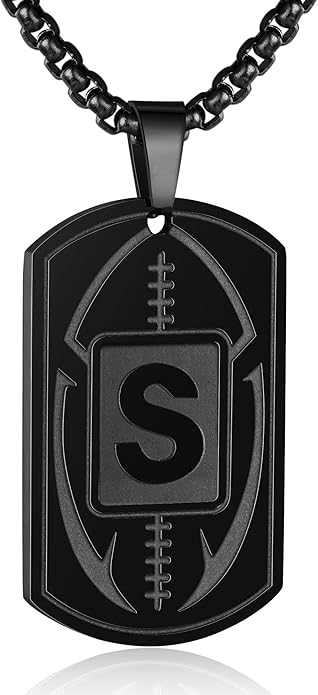 Initial A-Z Dog Tag Necklace for Men - Football Charm Pendant, Stainless Steel Chain 22+2 Inches, Personalized Sports Athletes Jewelry Gift