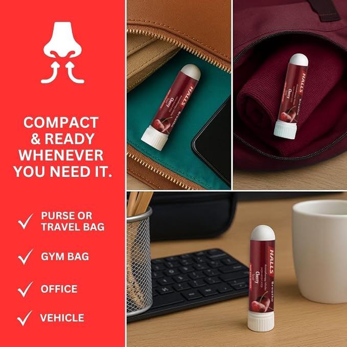 SpaRoom Halls Nausea Relief Nasal Stick – Breathe Cherry, 100% Pure Essential Oils, Aromatherapy Nasal Stick for Sinus Relief, Stress & Craving Management, Sweet Cherry Scent, 2-Pack, Non-Medicated
