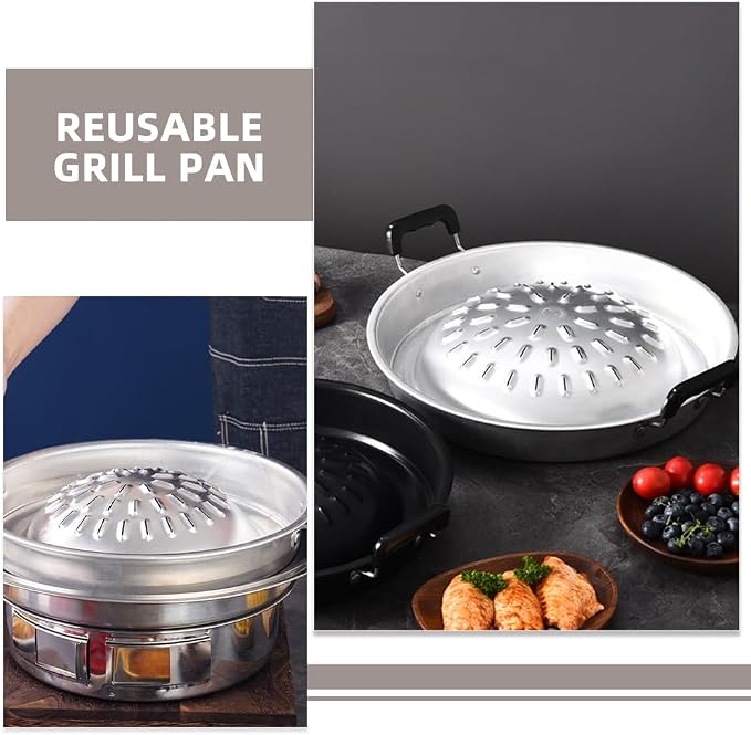 BESPORTBLE Thai Korean Bbq Grill Pan, Stainless Steel Barbecue Grill Tray Camping Bbq Pan Smokeless Roasting Pan Cooking Meat Vegetable Stovetop Plate for Outdoor 30cm