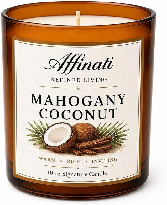 Affinati Mahogany Coconut 10 oz Scented Candle – Long Lasting Luxury Soy Blend Candle for Home, Strong Scent Throw Rich Wood & Sweet Tropical Vibe Candle, Premium Elegant Home Fragrance Gift