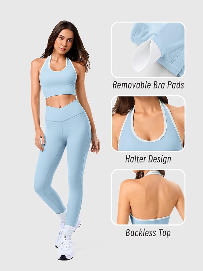 Halter Workout Top for Women: Open Back Sports Bra Color Block Tops with Built in Bra Yoga Gym Crop