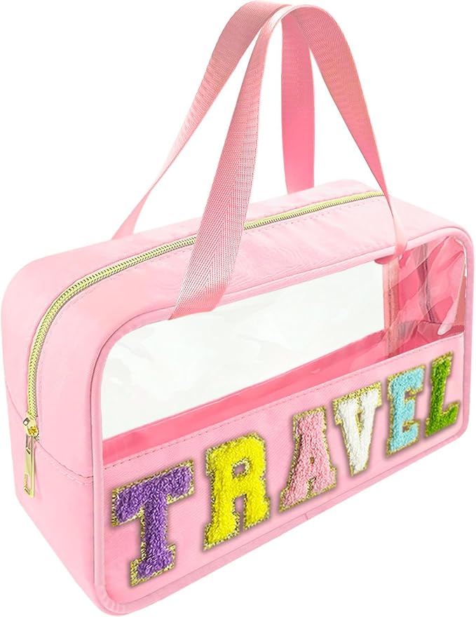 Bunliuys Chenille Letter Clear Makeup Bag Travel Patch, Travel Toiletry Makeup Bag with Handle, Nylon Waterproof Makeup Bags clear cosmetic bag, preppy patch makeup bag for Women (TRAVEL-Pink)