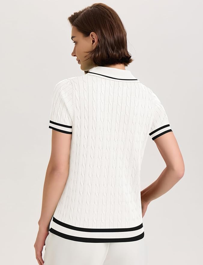 Micoson Womens Short Sleeve Sweater Tops Lapel V Neck Polo Shirts 2026 | Summer Cable Knit Loose Blouses, Business Casual Outfits