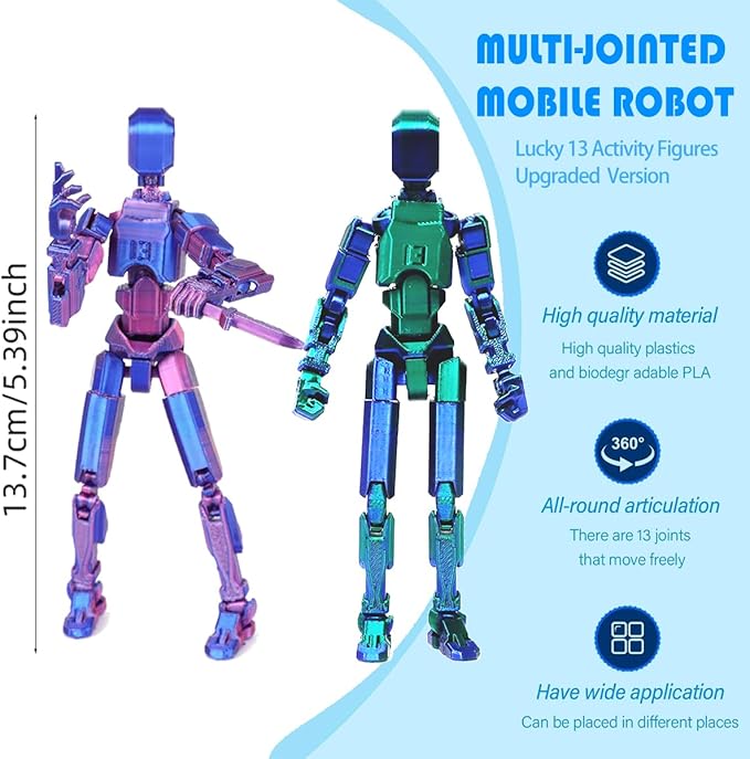T13 3D Action Figure Set (Assembly Completed), 3D Printed Multi-Jointed, Titan 13 Action Figures, Multi-Articular Lucky Mobile Robot Nova T-13,Desktop Decorations for Game Lovers Toys (Purple/Green)