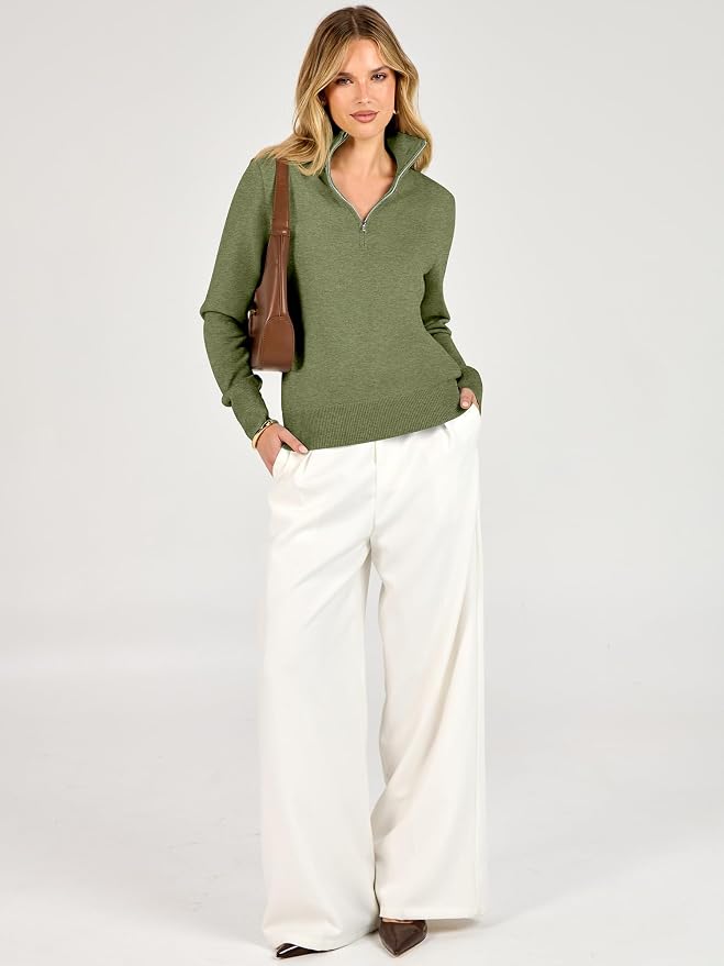ANRABESS Women Quarter Zip Long Sleeve Fall Pullover Sweater | Soft Knit Fabric Medium Stretch, Business Casual Work Office, Travel Vacation, 2026 Trendy Fashion, Winter Cozy Outfits