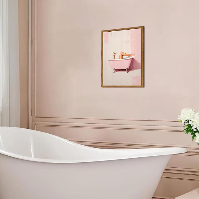 Funny Pink Girl Bathroom Wall Art, Cute Girly Bathtub Wall Decor Painting Trendy Pastel Woman and Martini Bathroom Poster Canvas Print Artwork 12x16 inch Framed