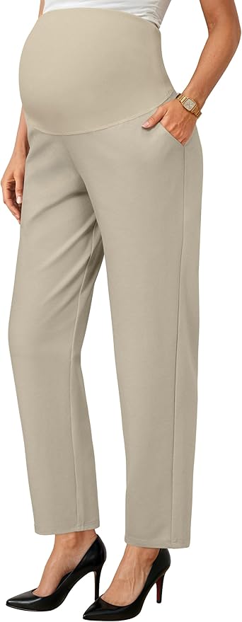 OUGES Womens Stretchy Maternity Over Belly Casual Work Straight Leg Pants Ankle Business Office Trousers with Pockets