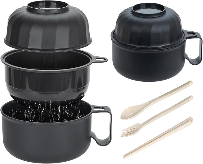 2 Pack Ramen Bowl, Portable Ramen Cooker, Instant Ramen Noodle Bowls College Dorm Room Apartment Essentials (Black Black)