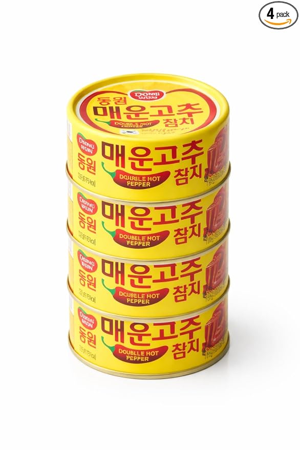 Double Hot Pepper Tuna, Korean Spicy Canned Tuna with Chili Pepper Sauce, High Protein Seafood, 4.76 oz (135g) Cans, 4 Pack (Dongwon)