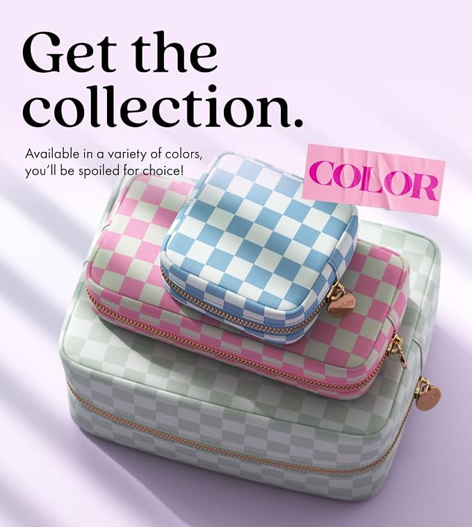 Embla Makeup Bag Travel Cosmetics Pouch and Toiletry Bag, Nylon Zipper Pouch Purse, Cute Make Up Organizer Storage Tote for Women Girls, Travel Skincare Case, Large Makeup Case, Dusty Rose Checkered