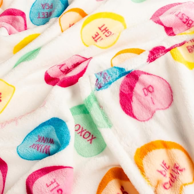 Sweethearts Candy Hearts Bedding Super Soft Plush Cozy Throw Blanket, 50 in x 70 in, (Officially Licensed Product) by Franco Collectibles