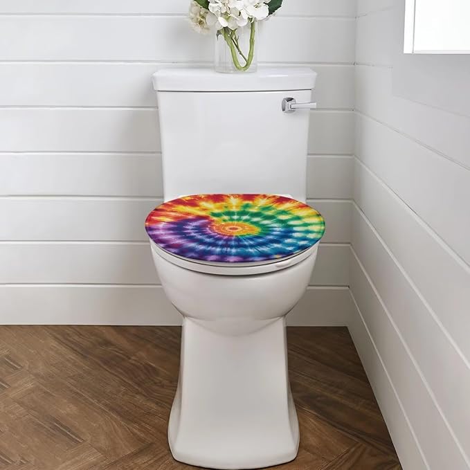Hippie Tie Dye Toilet Seat Cover for Bathroom Universal Fit Elongated Oval Round Lid Rainbow Tie Dye Toilet Lid Cover Replacement for Bathroom Decor Machine Washable