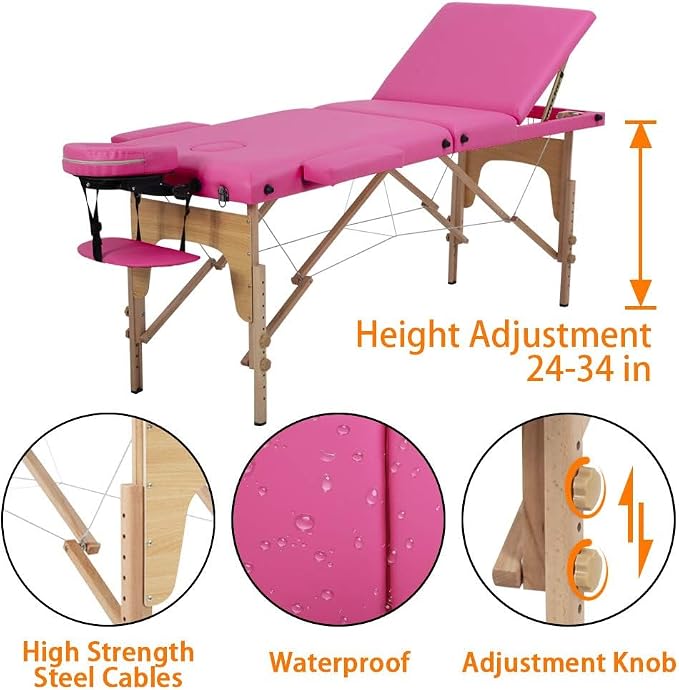 BestMassage Massage Bed Portable Massage Table 24 inch Wide Lash Bed Height Adjustable 3 Folding Spa Table with Non-Woven Bag for Spa Footmassage Facial CareSpa Tattoo