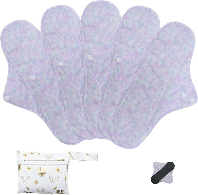 Reusable Incontinence Pads,Mesh Cotton Fabric Washable Menstrual Pads,Panty Liners Pads,Period Sanitary Napkins,with 1 Storage Bag,for Women/Postpartum/Incontinence(Light Purple/XL/5pcs)