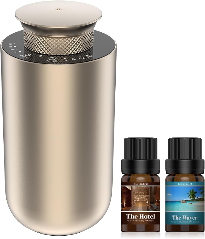 2026 Upgraded Rechargeable Waterless Car Scent Diffuser Kit, Includes 2 Premium Oils, Auto On/Off, 4 Mist Levels & Timers, Portable Aromatherapy Diffuser for Hotel,Home,Room,Studio,Office - Gold